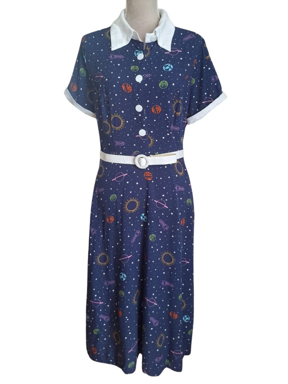 Vintage-Inspired Navy Midi Dress with Space Print and White Trim